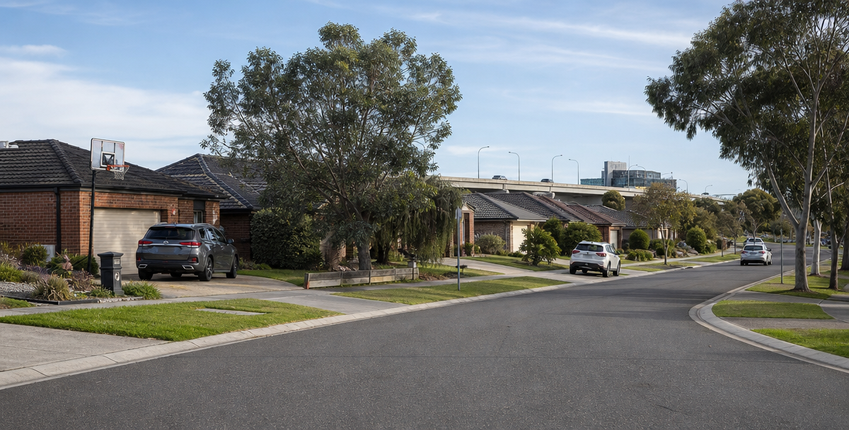 Family-friendly Grovedale street with the Ring Road and nearby education precinct visible in the distance , reflecting the suburb's practical, everyday value .
