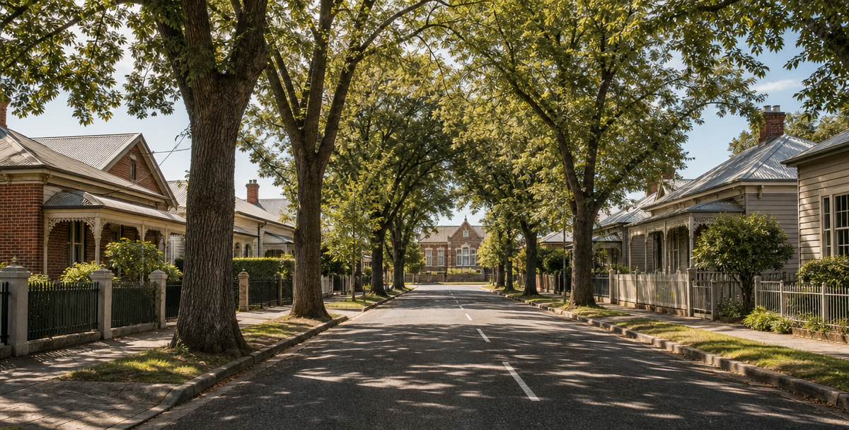 Heritage-lined Newtown street with Victorian-era homes and mature trees, reflecting the suburb's tightly held, premium school-zone character.