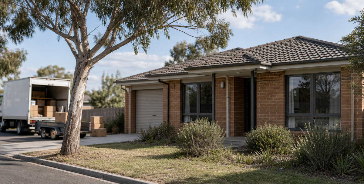 A moving truck outside a modest Australian home on settlement day, reflecting the real upfront cost that comes with buying a property.