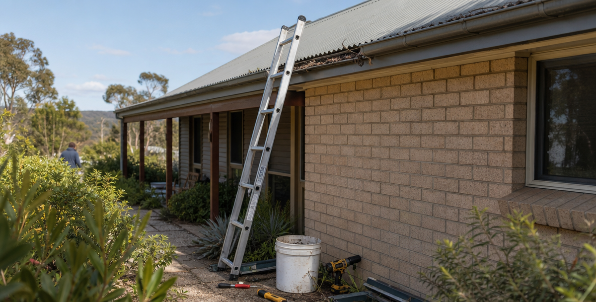 A ladder and simple tools against the gutter line of an Australian home , illustrating the hands-on nature of routine repairs and maintenance .