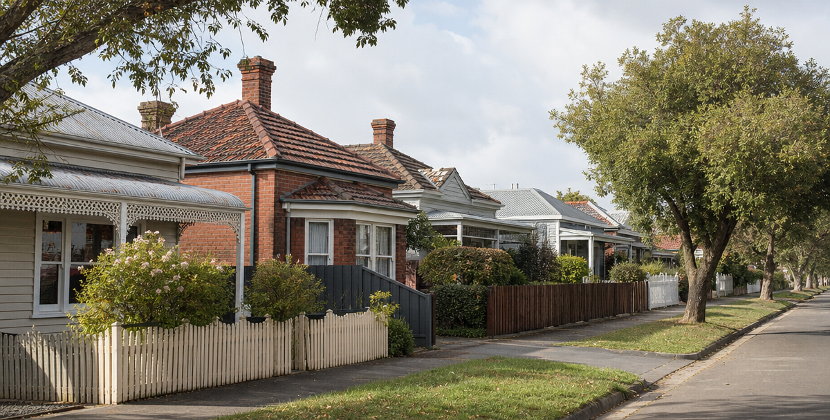 A tree-lined residential street in Newtown, Geelong, showing a mix of established family homes.