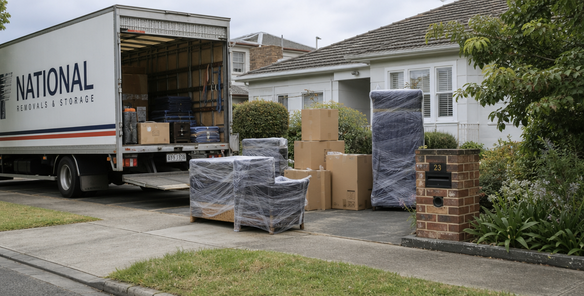 A removalist truck partially loaded with boxes in the driveway of a Geelong home