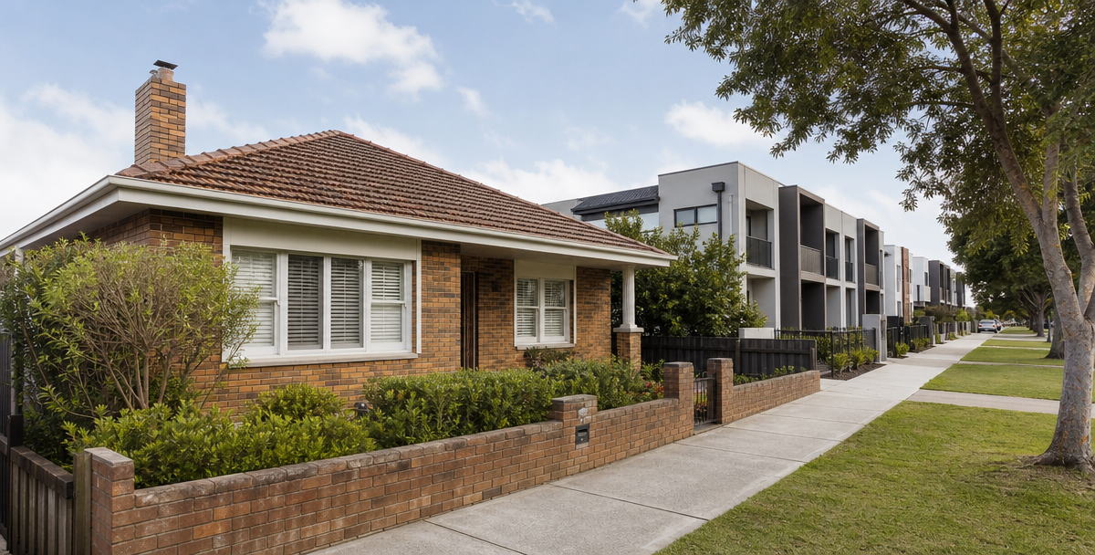 A single house in the foreground with a row of townhouses further down the same Australian street.
