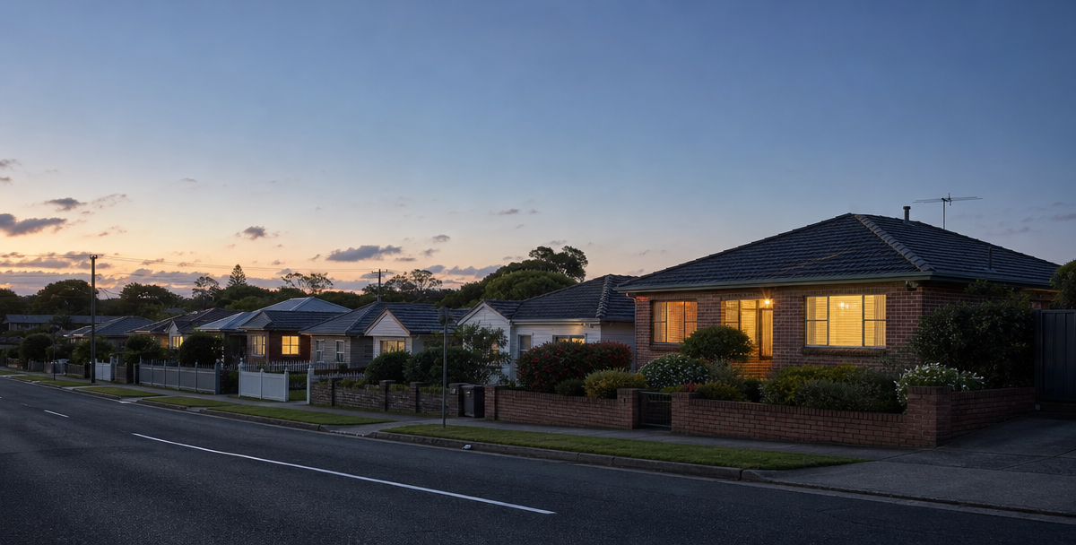 A row of established Australian homes at dusk, representing a long-term, investment approach.