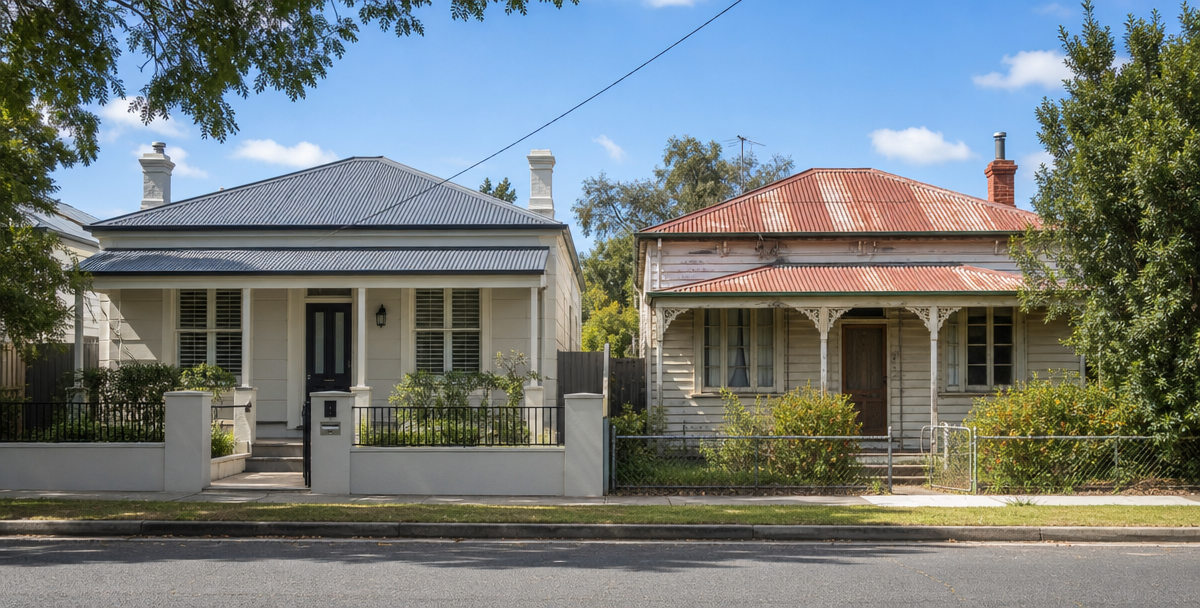 Two neighbouring Australian houses of different age and condition on the same street.