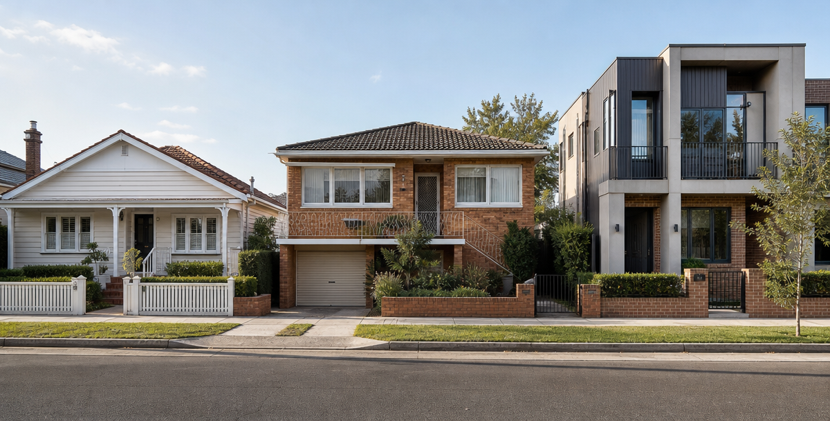 Three neighbouring Australian homes from different eras, representing a diversified property portfolio.