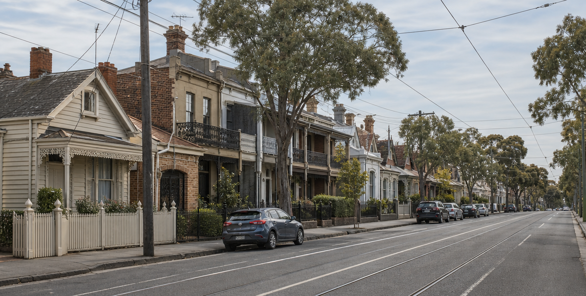 Established Melbourne street with tram wires and Victorian weatherboard homes, reflecting a market where infrastructure access and selectivity matter more than broad growth.