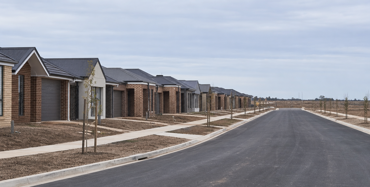 Row of near-identical new homes and vacant blocks on a Victorian growth-corridor street, signalling the oversupply and concentration risk investors should watch.