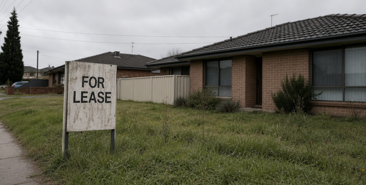 A weathered "for lease" sign outside an established property under an overcast sky, signalling the risk of over-extending.