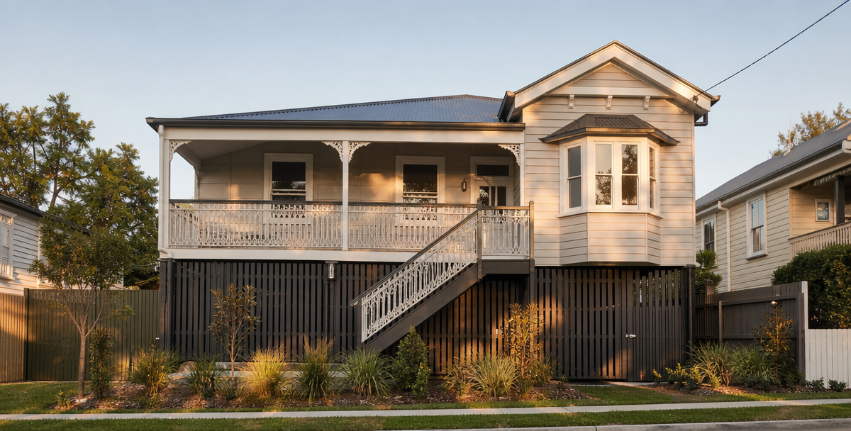 A freshly renovated Queenslander home in Brisbane's late-aernoon light, reflecting a disciplined, successful renovation.