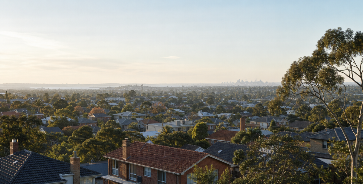 An elevated view over an established Australian suburb at so light, reflecting a long- term, forward-looking equity growth plan.