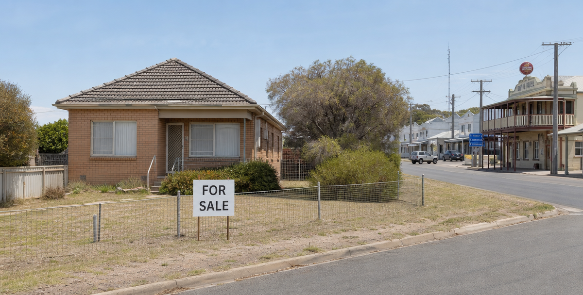 A modest home with a simple for-sale sign in a regional Australian township, illustrating the risk of underresearching an unfamiliar market.