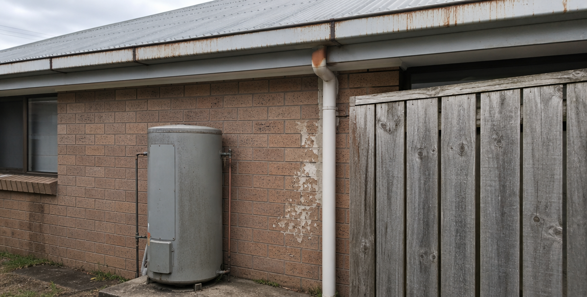Weathered gutters, an ageing hot-water unit and a worn fence panel on an Australian home , illustrating the ongoing costs investors oen underestimate