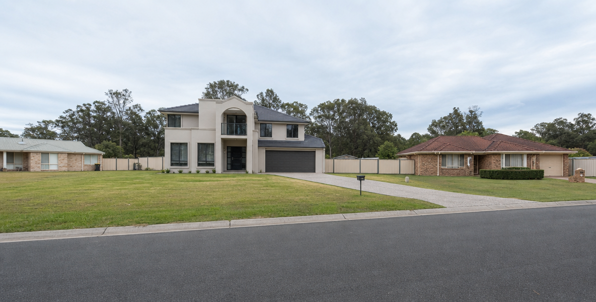 An oversized home beside two modest neighbouring properties, illustrating the risk of overextending financially on a purchase.