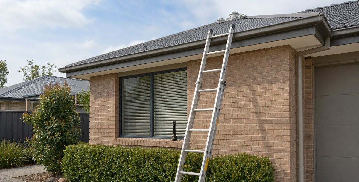  ladder against a home's roofline with an inspection torch nearby, illustrating the value of building and pest inspections before signing.