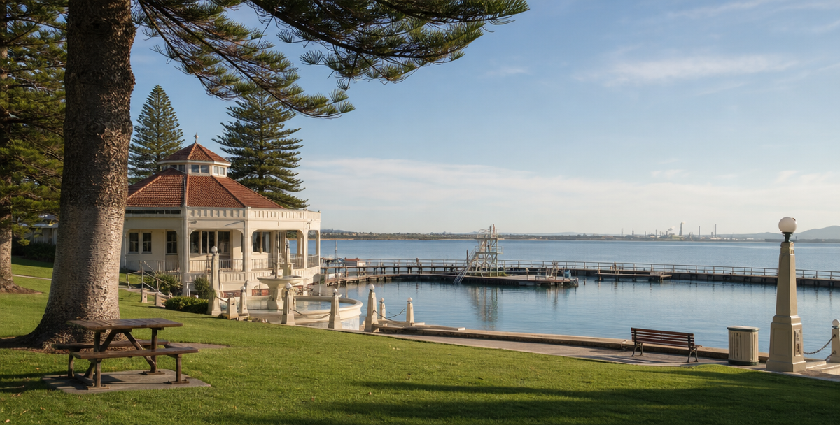 Eastern B each Reserve's historic bathing pavilion and swimming enclosure on Corio Bay, reflecting Geelong's relaxed coastal lifestyle