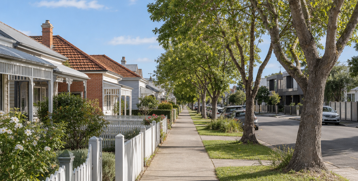n established, leafy Geelong street with character homes and a modest new development further down, reflecting the area's accessible , growing market.