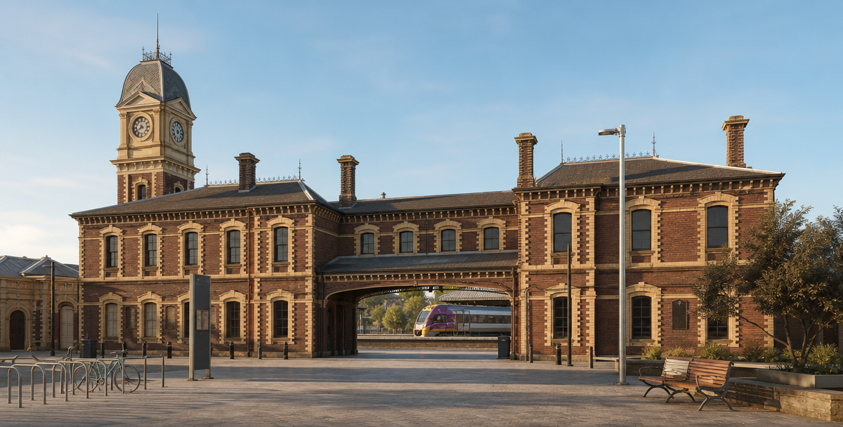 Geelong railway station's heritage facade with a regional train at the platform, reflecting the city's strong transport links to Melbourne.