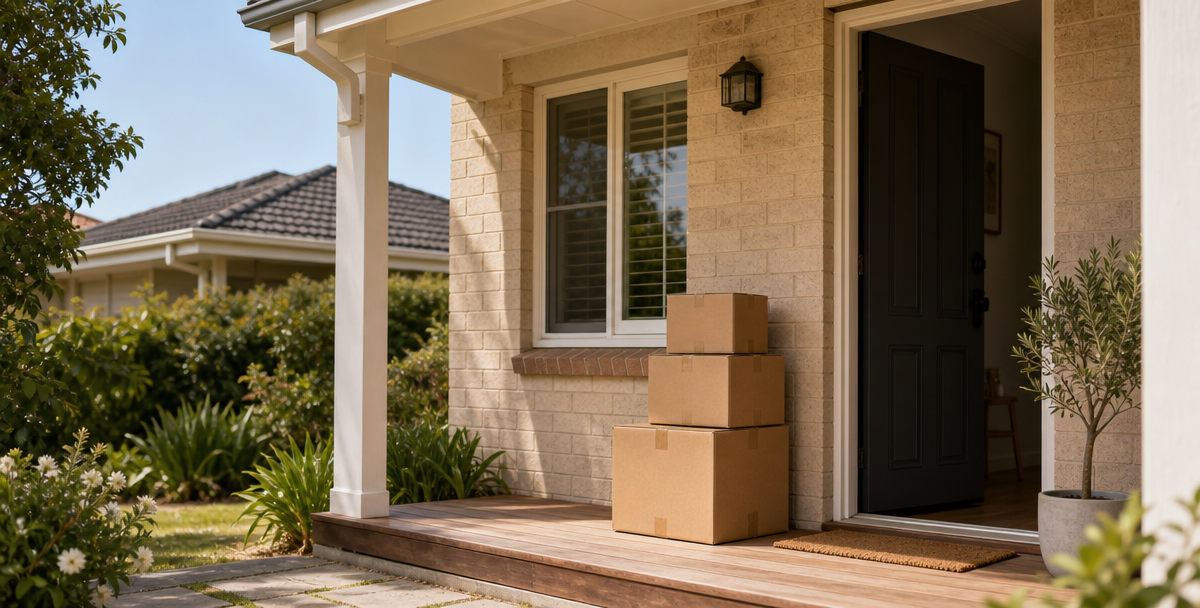 Moving boxes on the front porch of a modest Australian home , reflecting the cost relief stamp duty concessions provide first home buyers.