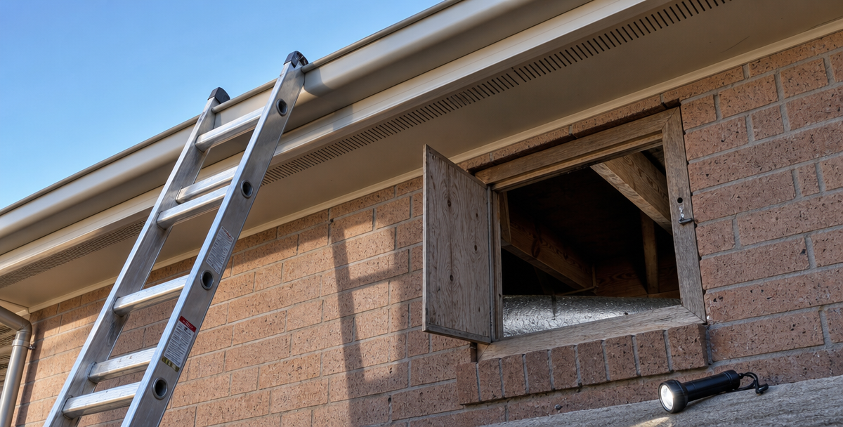 A ladder and inspection torch at the roofline of an Australian home , reflecting the building and pest inspection step.