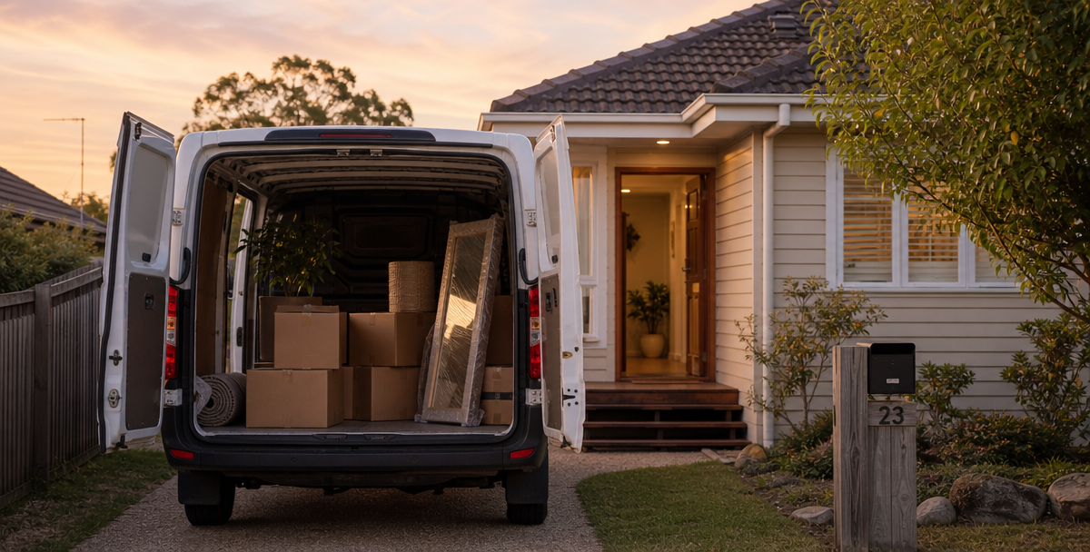 A moving van parked in the driveway of a modest Australian home on moving day, reflecting the final settlement step of buying a first home.