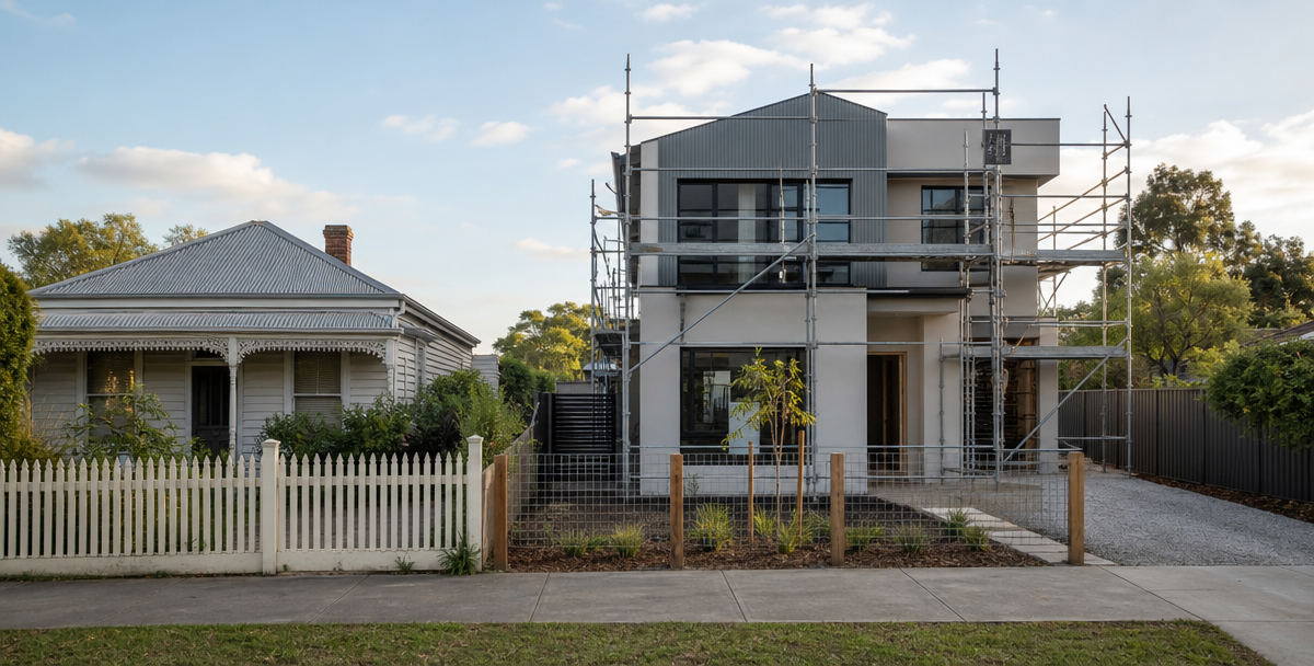 An established home beside a townhouse under construction on the same Australian street, reflecting a growth corridor in transition.