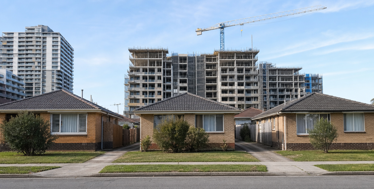 New apartment towers under construction behind a row of established homes, reflecting the oversupply risk investors should weigh against demand.