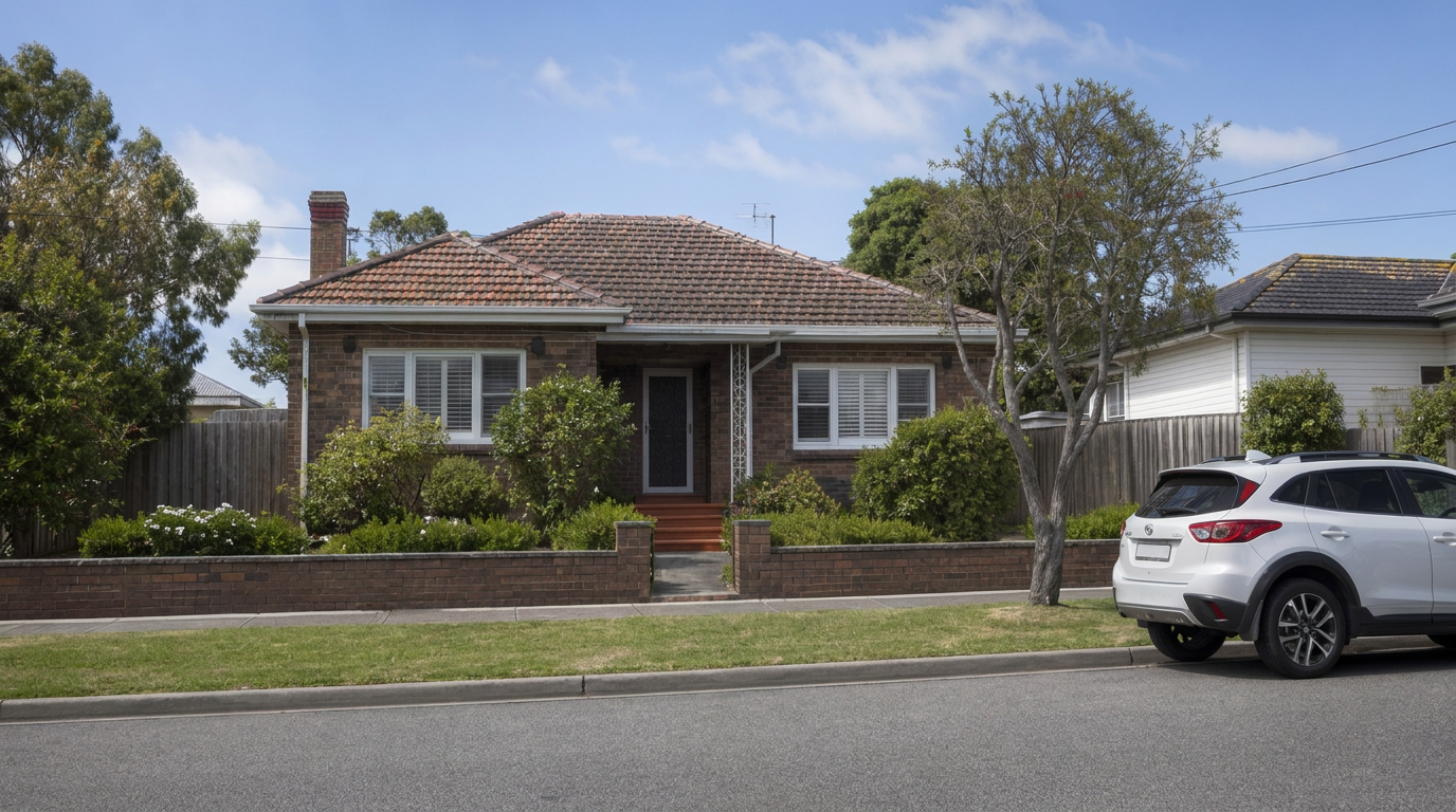 A modest Australian home with a blank auction flag on a quiet, uncrowded street, reflecting a measured rather than frenzied property market