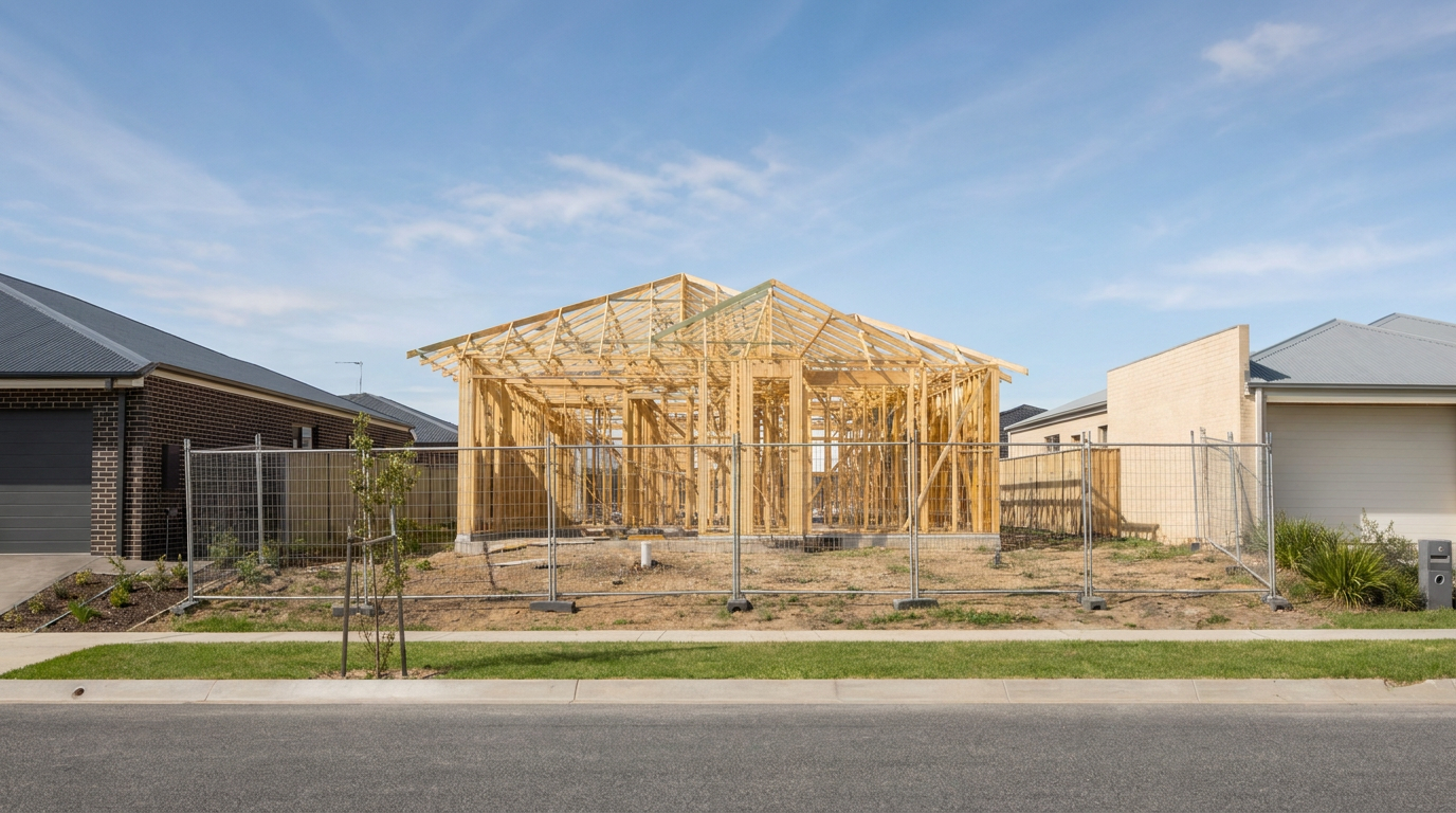 A new home's timber frame under construction between two completed houses, reflecting the cost of waiting while a suburb keeps developing.