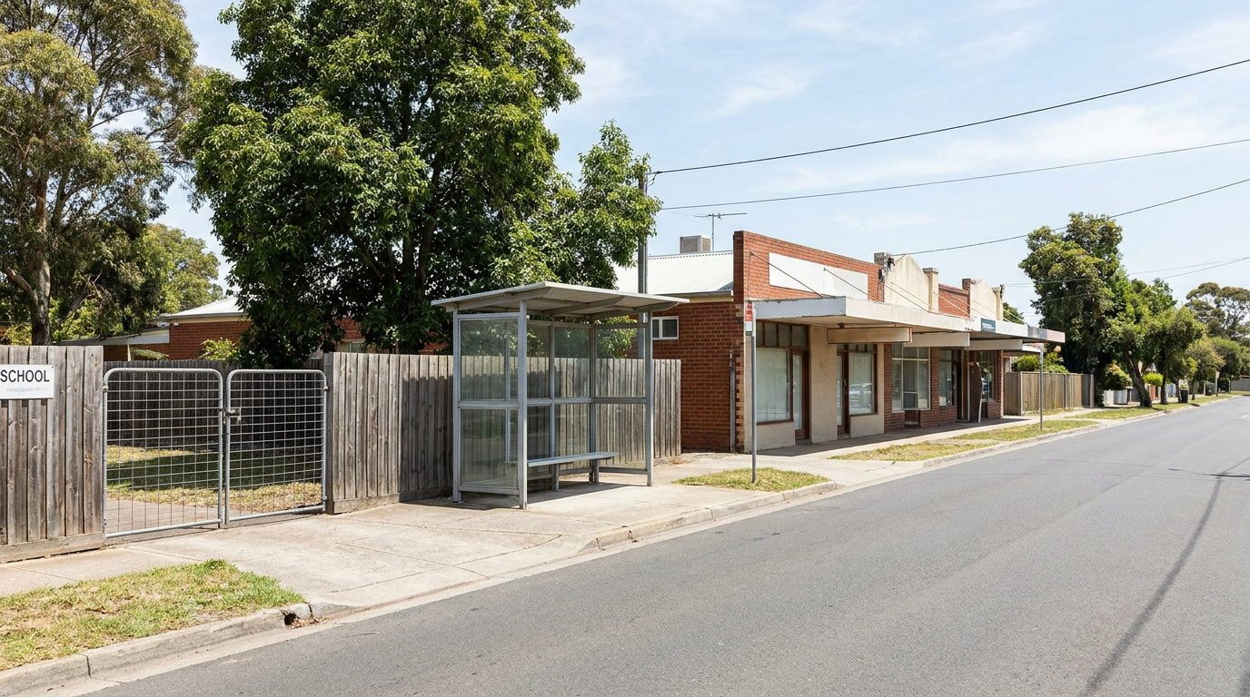 A residential corner with a school, bus stop and local shopfronts in view, reflecting the diverse lifestyle anchors that create genuine housing demand.