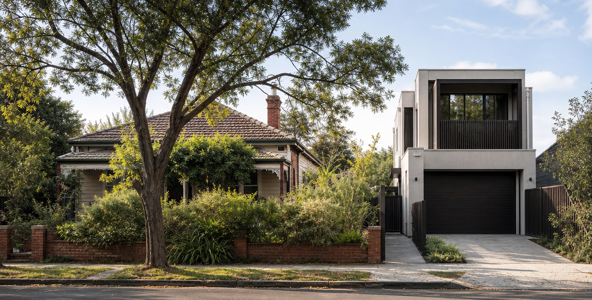 An established character home on a large block beside a newer infill townhouse , reflecting the land-scarcity factor behind long-term price resilience