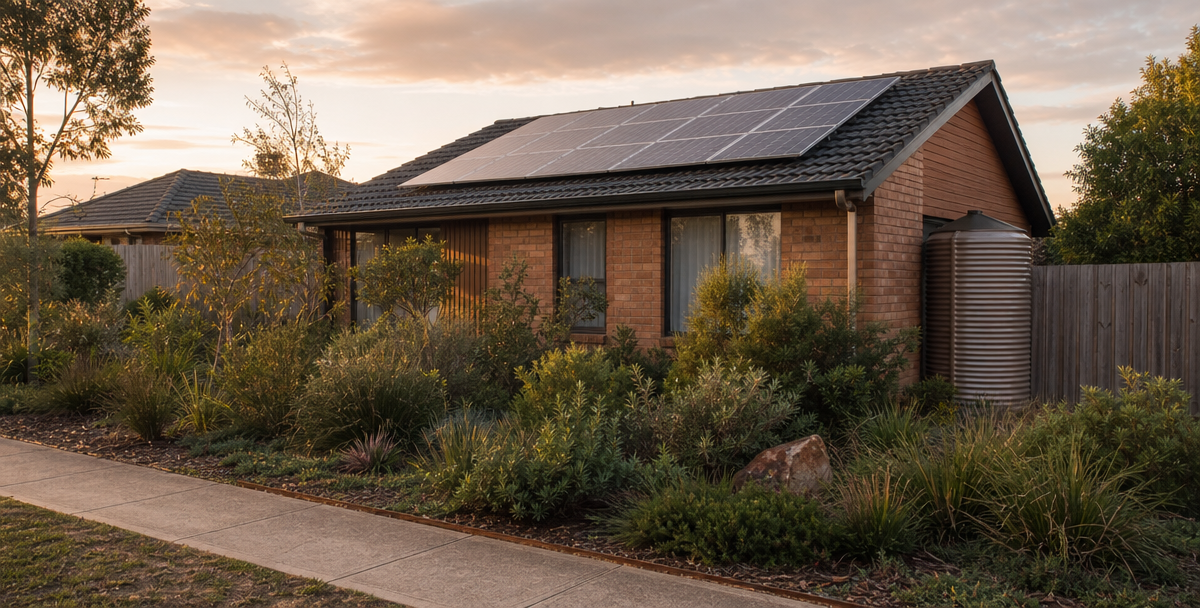 A modest Australian home with rooop solar panels and a rainwater tank, reflecting the sustainability features shaping future property demand.