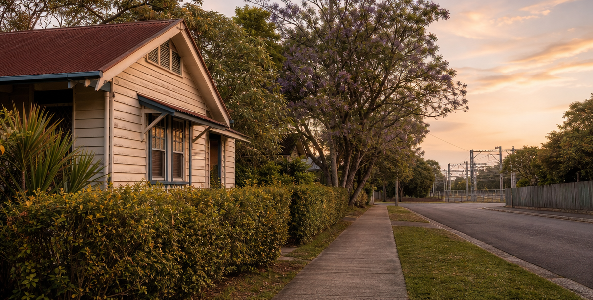 An older cottage-style home near a commuter rail line in an established Brisbane satellite township, reflecting affordability paired with commuter demand.