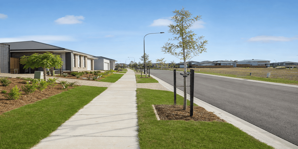 A newer housing estate street with fresh infrastructure in a South-East Queensland growth corridor, reflecting an area still filling in with demand.