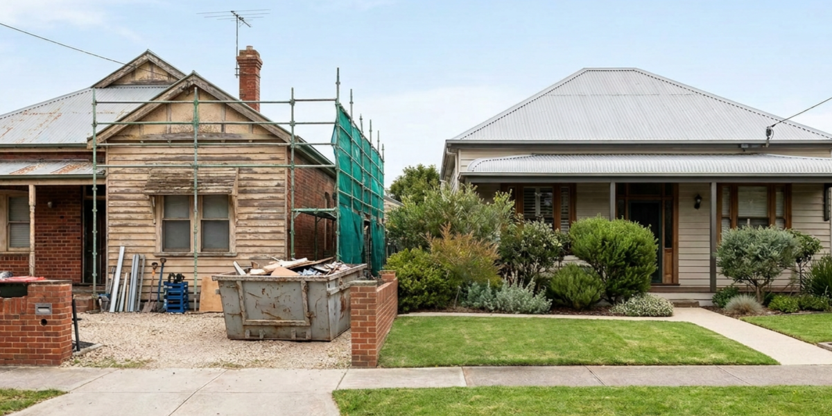 A home under renovation beside an established, settled home on the same street, reflecting the choice between a renovate-and-sell or buy-and-hold strategy.
