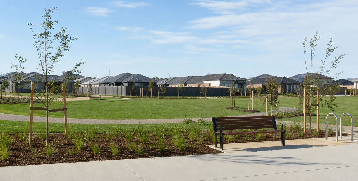 A newly landscaped local park with young trees and new housing visible beyond it, reflecting the infrastructure investment behind a high-growth area.