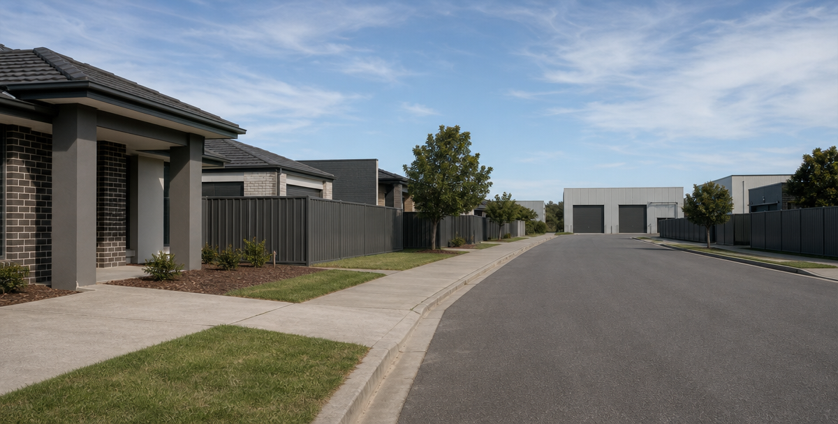 A residential street transitioning into a small light-industrial building, reflecting diversification across property types in a portfolio.