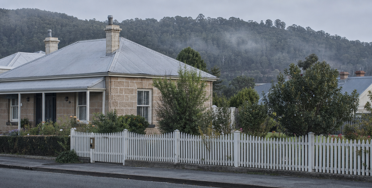 An established Tasmanian cottage set against eucalypt hills, reflecting a smaller, more supply-sensitive property market than Victoria's.