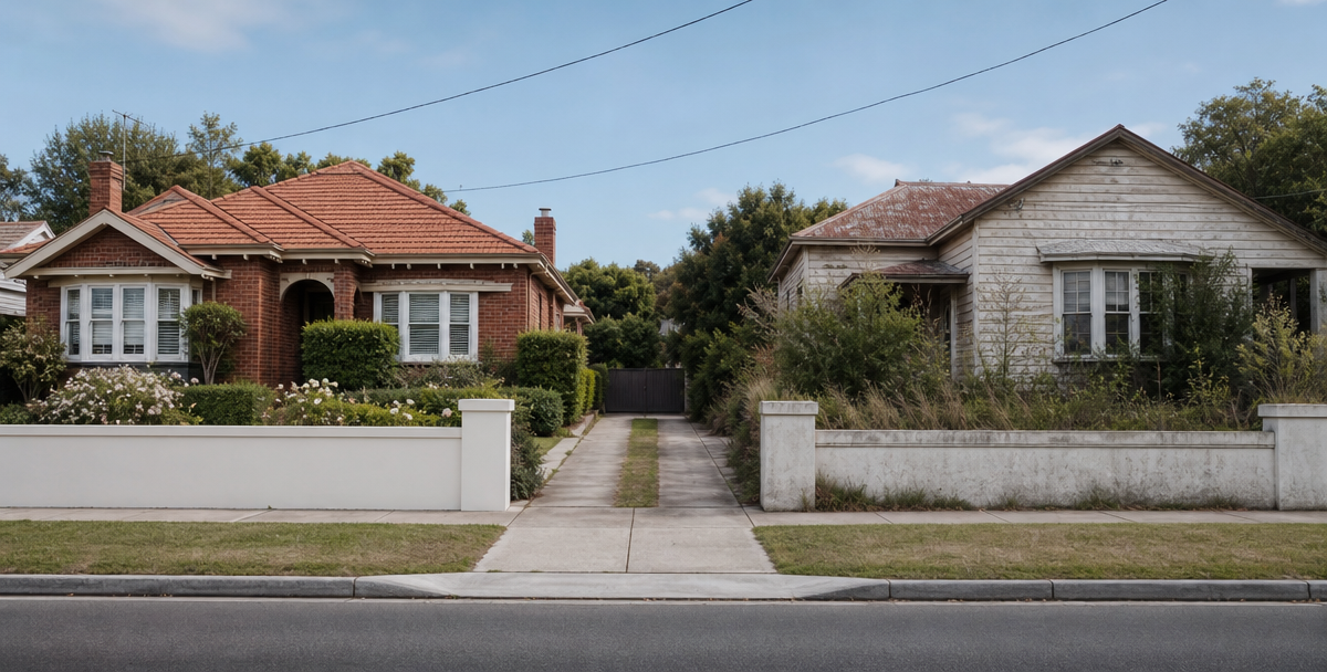 A freshly presented home beside a dated, overgrown one on the same street, reflecting why quality stock is outperforming secondary stock in early 2026 .