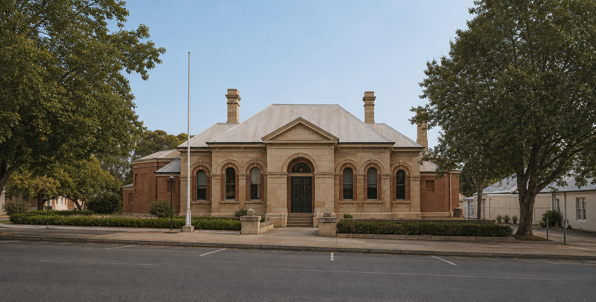 A modest civic building on a quiet regional street, reflecting the steady, less speculative stability of government and service-based centres.