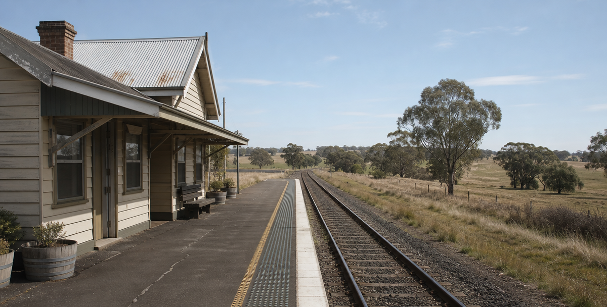 A small regional train station platform with open countryside beyond, reflecting a transport-connected growth corridor linking to Melbourne .