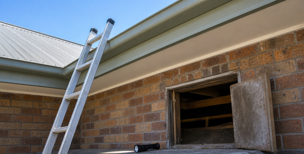 A ladder and inspection torch at the roofline of an Australian home , reflecting the building and pest inspection step in due diligence .