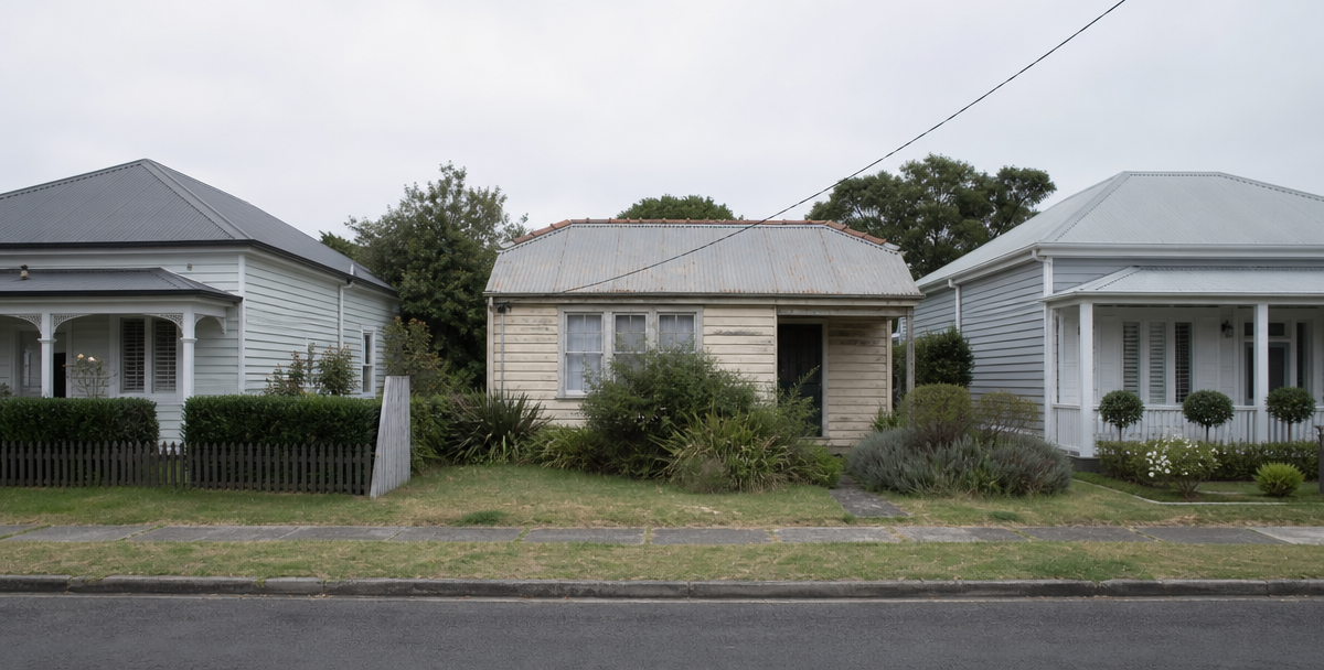 An older home with an overgrown lawn beside neater neighbouring properties, reflecting how a cheap price can mask a less obvious story.