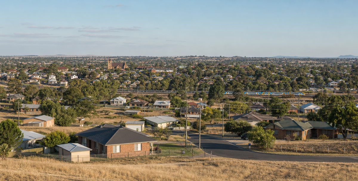 A spread-out regional-fringe street in the foreground with a denser, established suburb visible across the valley, reflecting two different real-world investment outcomes.