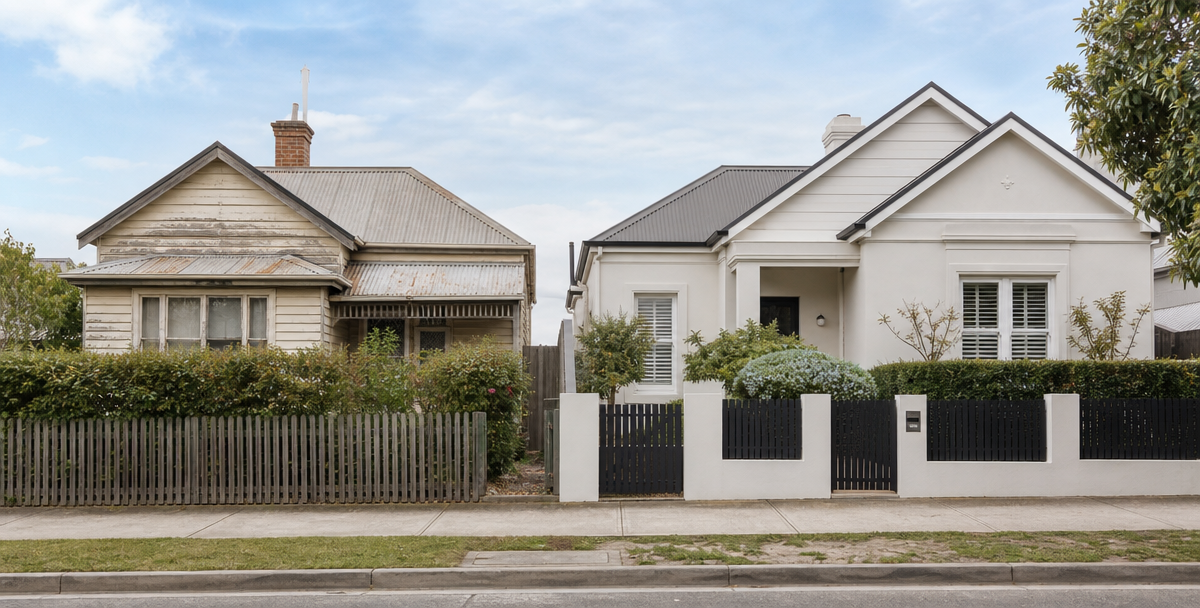 An older cottage beside a recently updated home on the same street, reflecting how different properties suit different stages of an investment journey.