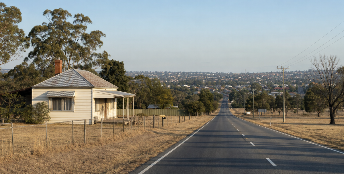modest regional home beside an open road leading toward a denser metro suburb on the horizon, reflecting two different real-world yield-versus-growth outcomes.