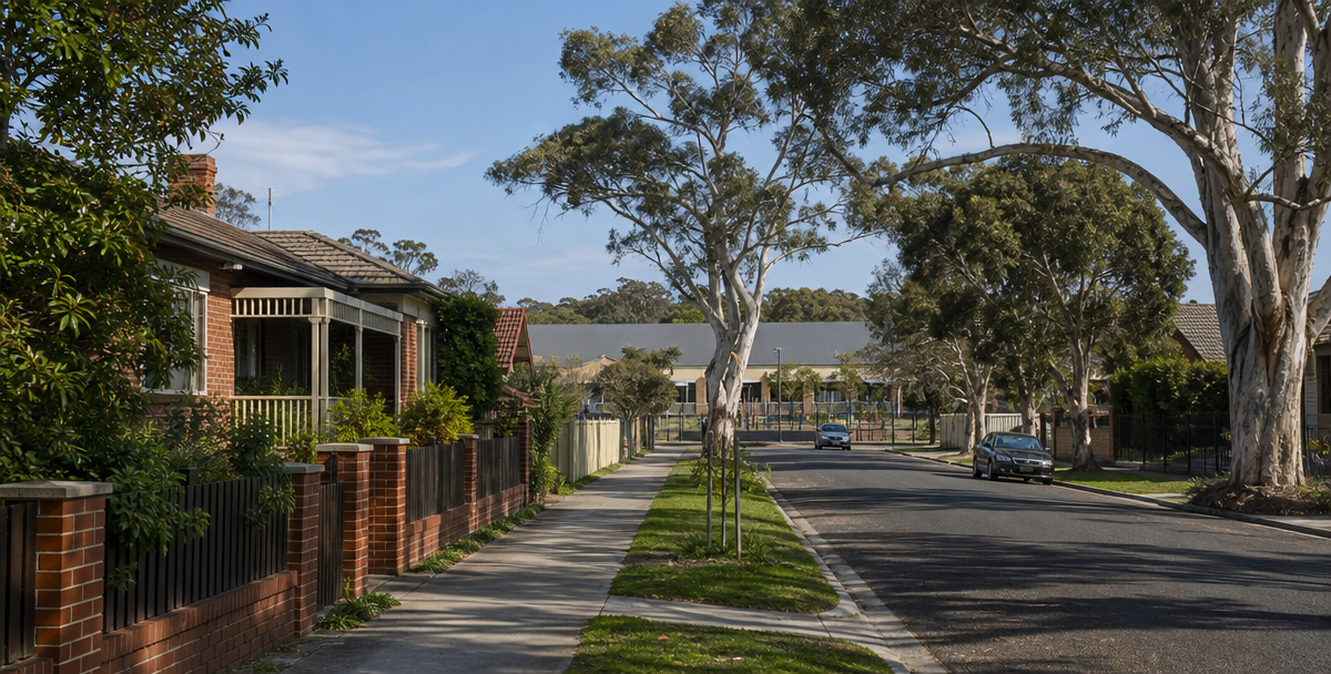 An established residential street with a local school roofline visible at the end, reflecting the owner-occupier demand signals worth checking before buying for yield.