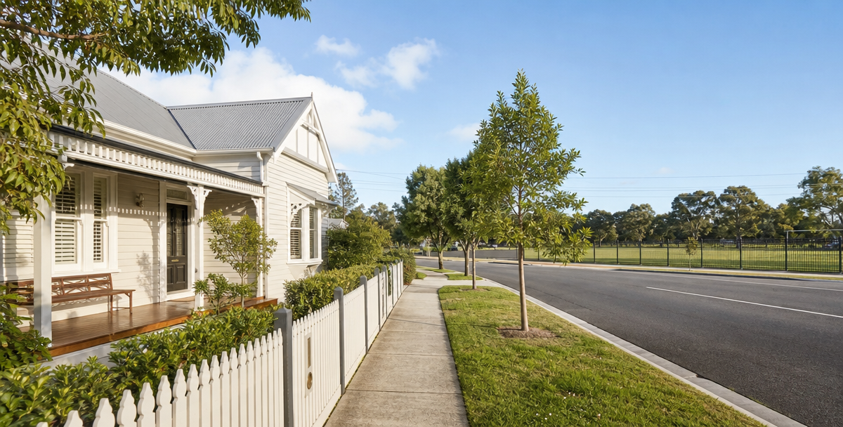 A freshly renovated home directly across from a school boundary fence , reflecting the premium that school proximity alone can attract.
