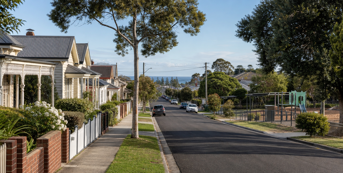 An established Geelong-style street with a park and a hint of coastline in the distance , reflecting the layered lifestyle factors families should weigh beyond schooling alone.