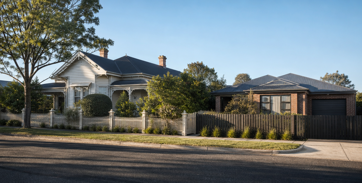 A Geelong-style street with varying block sizes and housing types side by side , reflecting the land content and housing quality that shape genuine long-term value.